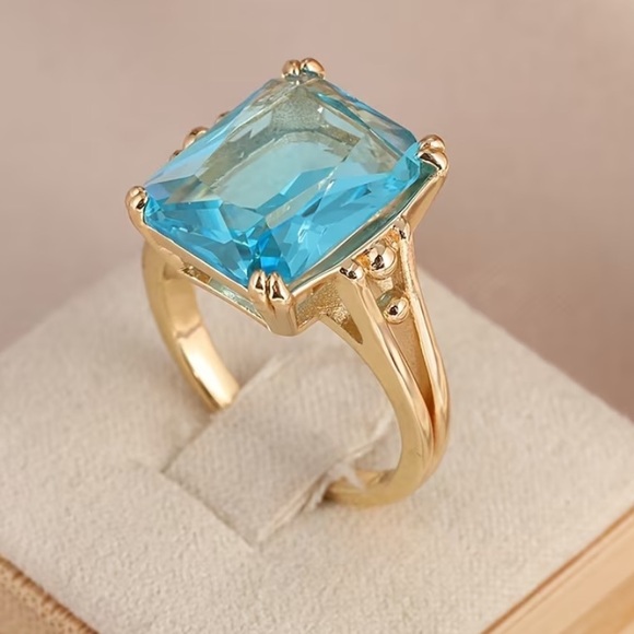 Neiman Marcus Jewelry - 18k Gold Plated Ring with Vibrant Blue Aquamarine Emerald-Cut Stone